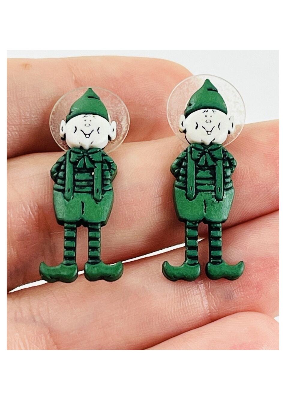 VINTAGE JJ EARRINGS ELF GREEN CHRISTMAS RESIN PVC OVERALLS JONETTE PIERCED STOCK